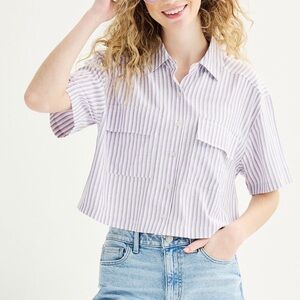 NWOT- DIZZY LIZZY White & Purple Striped Button Down Women's Boxy Crop Top